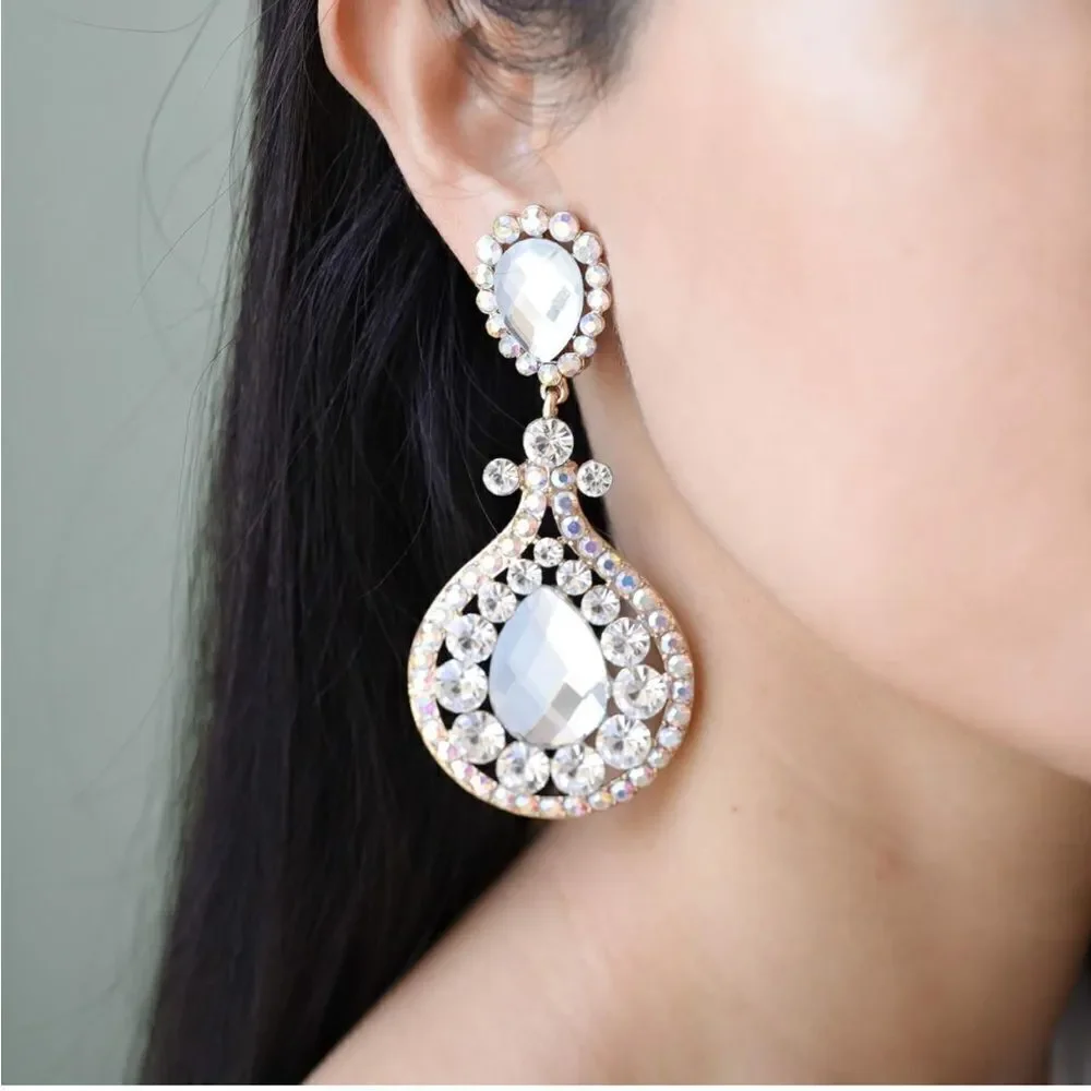 Yellow Gold with Diamond and AB Austrian Crystal Chandelier Clip On Earrings